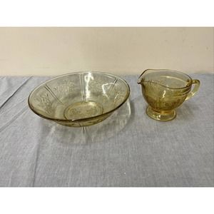 Vtg Federal Depression Glass Yellow Cabbage Rose 8 1/2”Serving Bowl & Creamer FS
